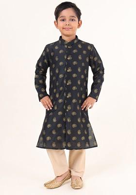 Black Printed Cotton Kurta Set For Boys