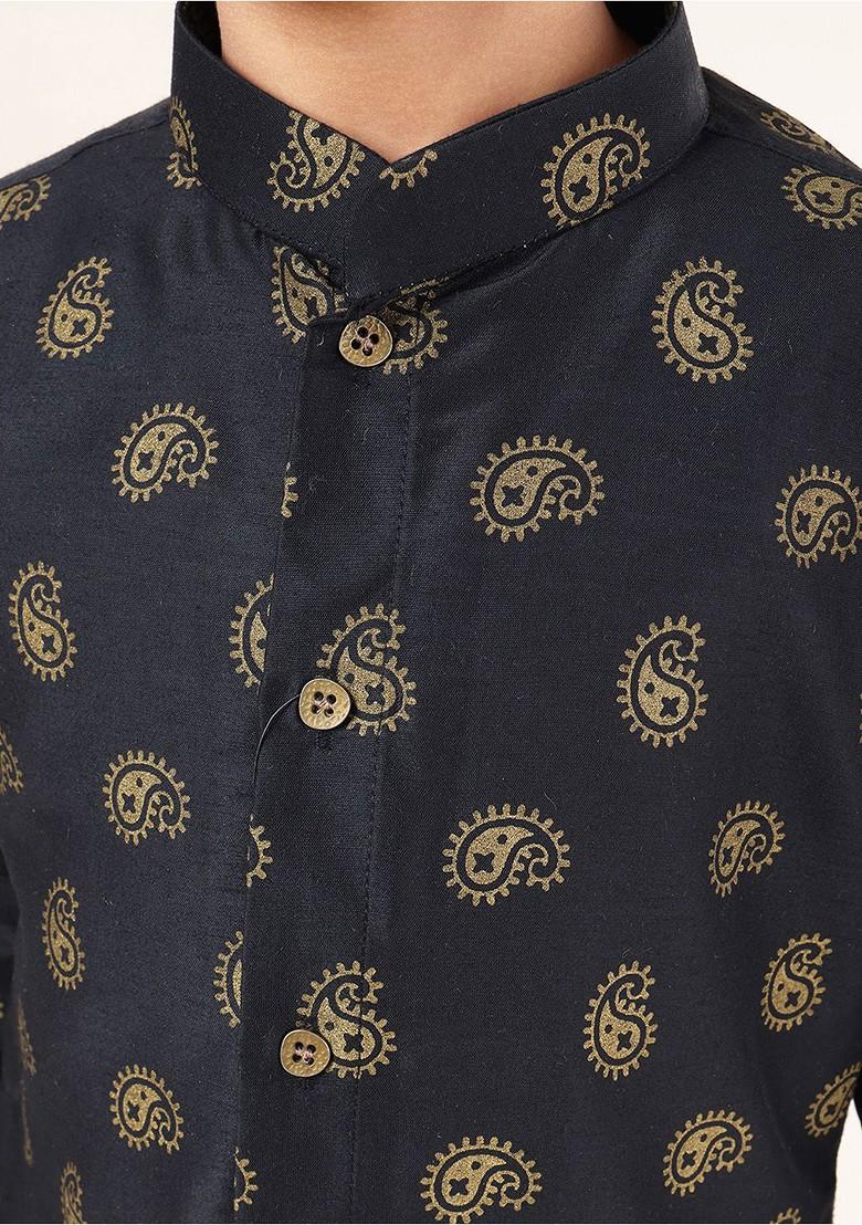 Black Printed Cotton Kurta Set For Boys - Indya