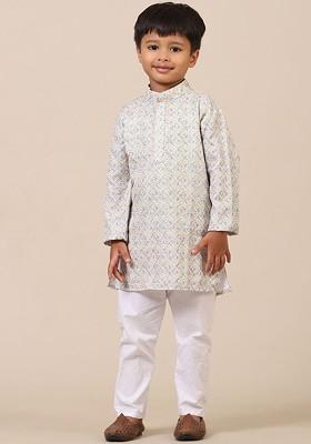 White Printed Cotton Kurta Set For Boys