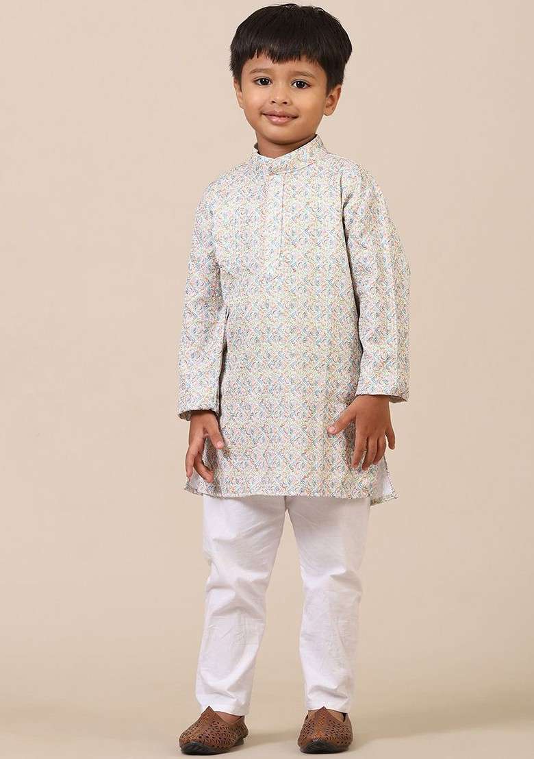 White Printed Cotton Kurta Set For Boys - Indya