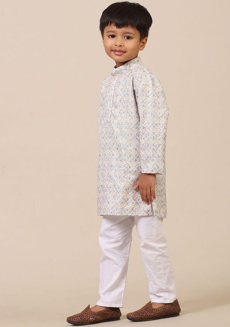 White Printed Cotton Kurta Set For Boys - Indya