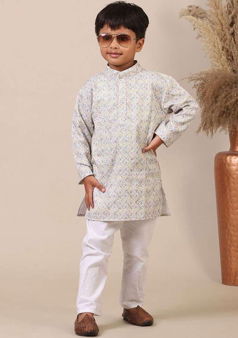 White Printed Cotton Kurta Set For Boys - Indya