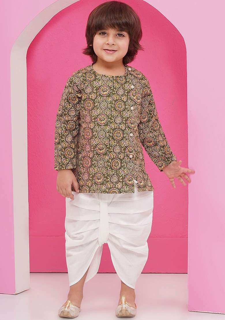 Green Printed Cotton Kurta Dhoti Set For Boys - Indya
