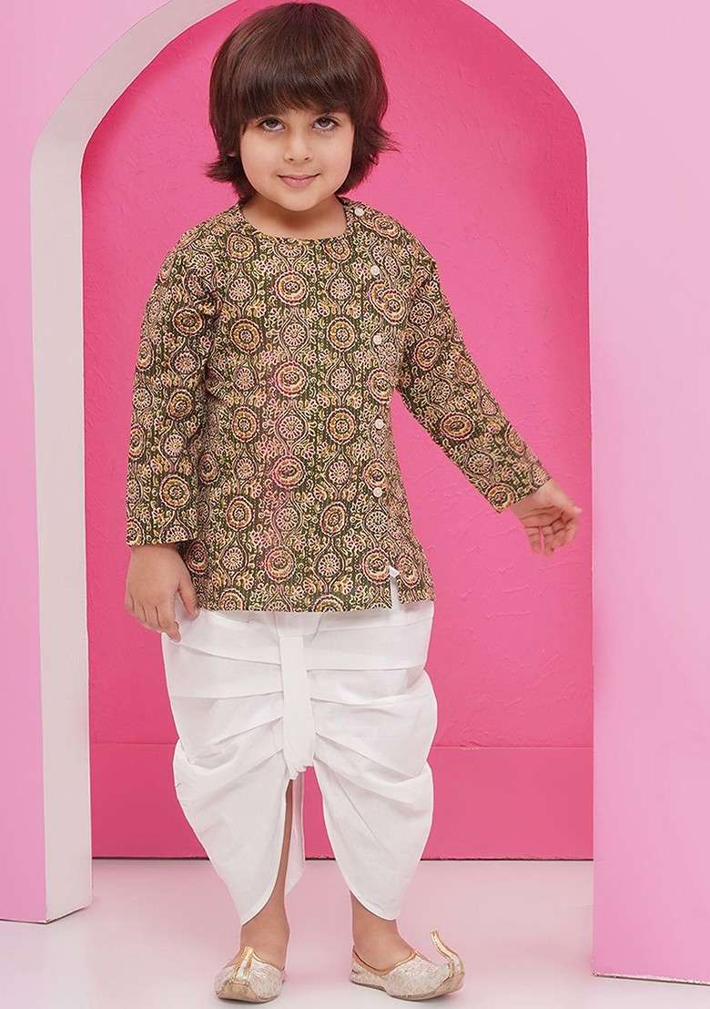 Green Printed Cotton Kurta Dhoti Set For Boys - Indya