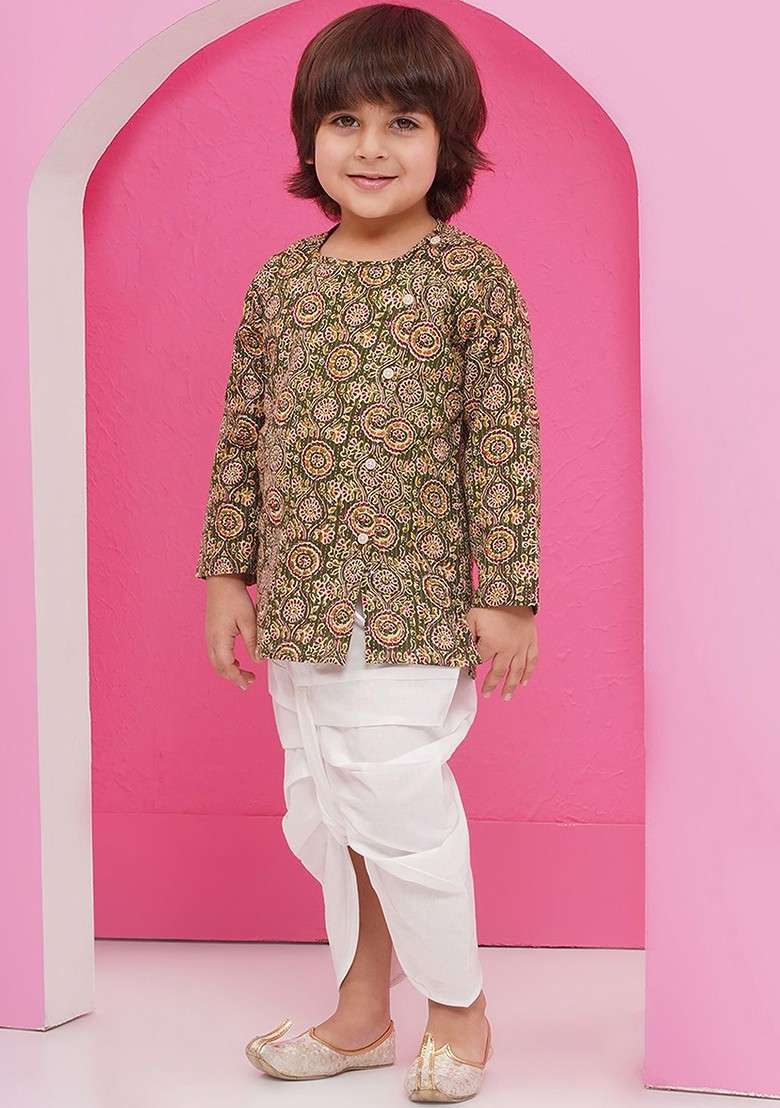 Green Printed Cotton Kurta Dhoti Set For Boys - Indya