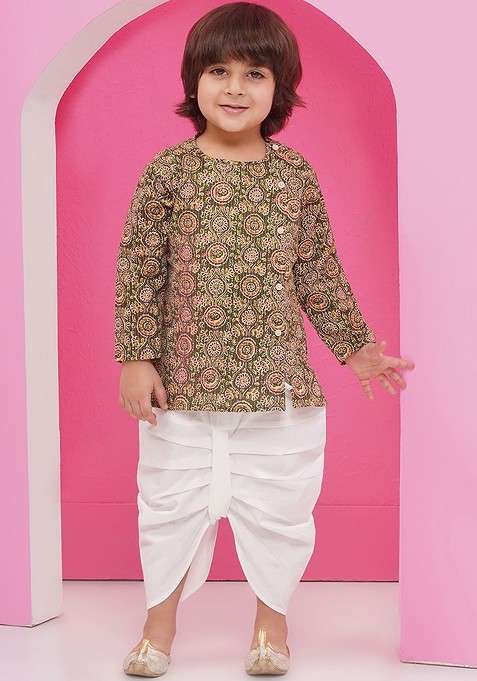 Green Printed Cotton Kurta Dhoti Set For Boys