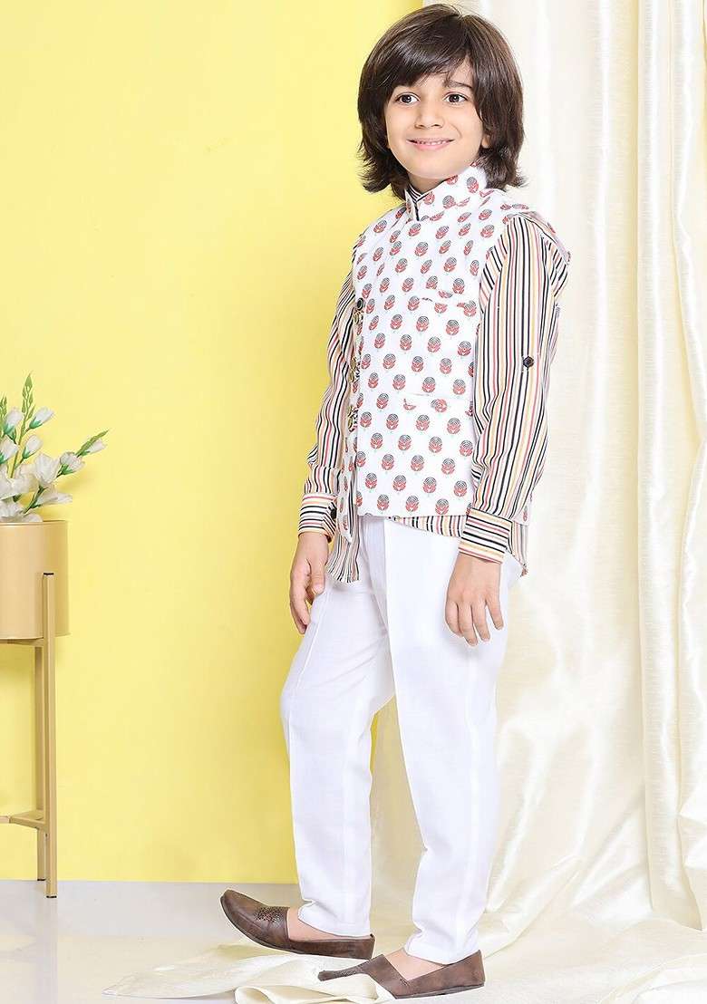 White Striped Cotton Kurta Set For Boys - Indya