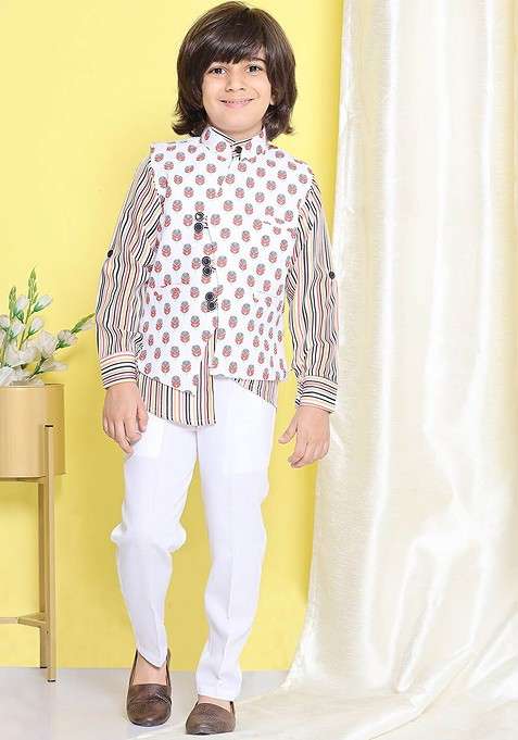 White Striped Cotton Kurta Set For Boys