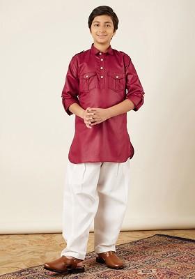 Maroon Embroidered Cotton Kurta Set For Boys