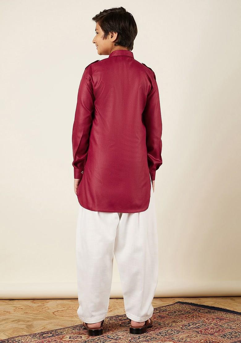 Maroon Embroidered Cotton Kurta Set For Boys - Indya