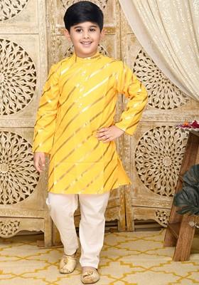 Yellow Printed Blended Kurta Set For Boys