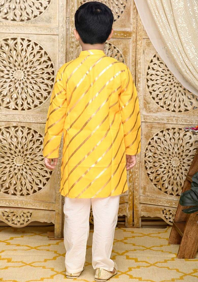 Yellow Printed Blended Kurta Set For Boys - Indya