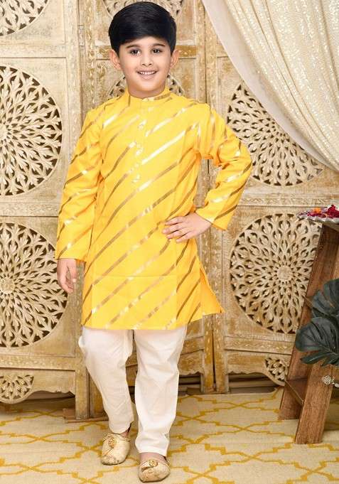 Yellow Printed Blended Kurta Set For Boys