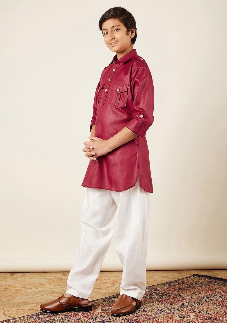 Maroon Embroidered Cotton Kurta Set For Boys - Indya