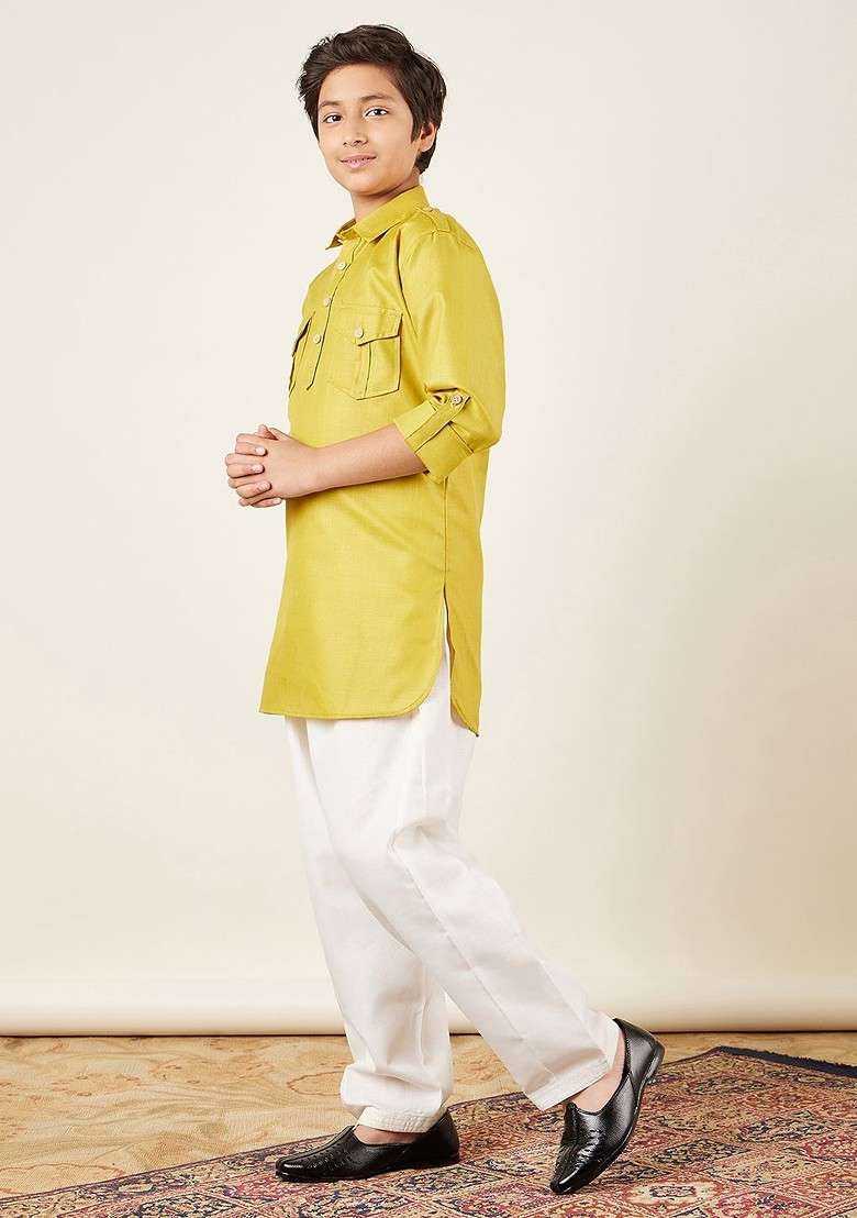 Yellow Embroidered Cotton Kurta Set For Boys - Indya