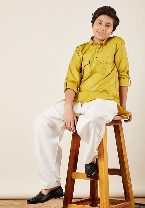 Yellow Embroidered Cotton Kurta Set For Boys — view on Indya