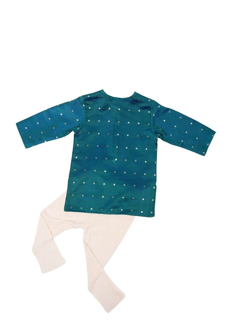 Green Embroidered Silk Kurta Set For Boys - Indya