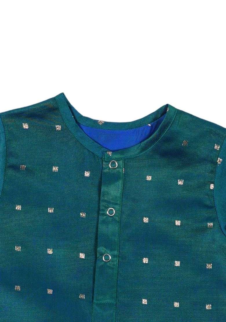 Green Embroidered Silk Kurta Set For Boys - Indya