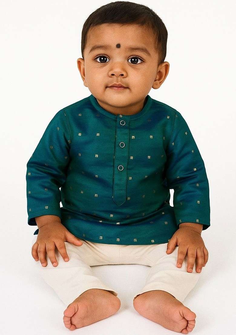 Green Embroidered Silk Kurta Set For Boys - Indya
