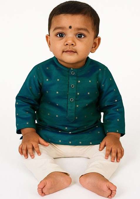 Green Embroidered Silk Kurta Set For Boys