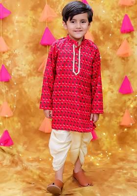 Pink Printed Cotton Kurta Dhoti Set For Boys