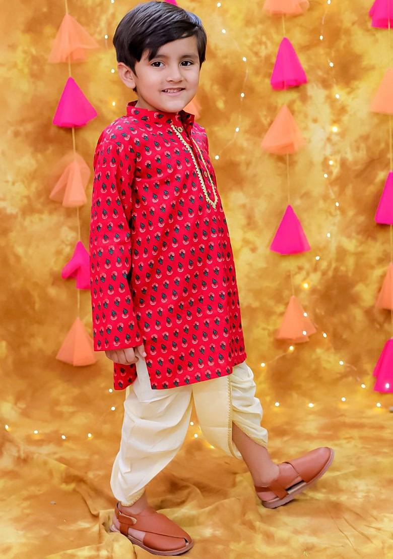 Pink Printed Cotton Kurta Dhoti Set For Boys - Indya