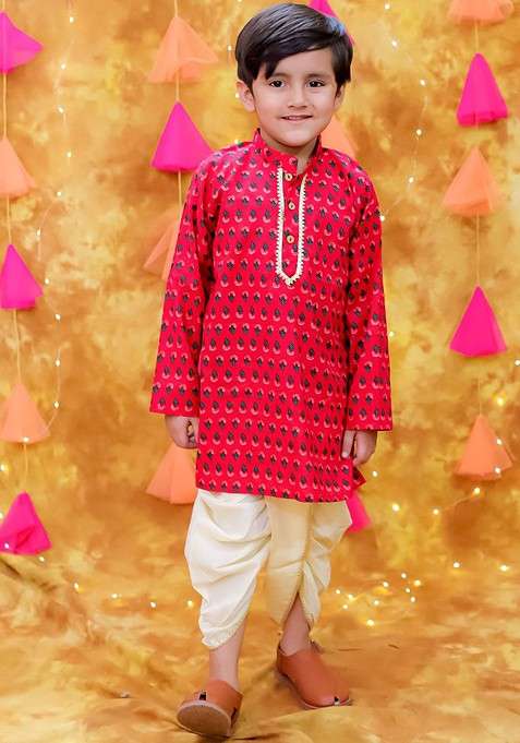 Pink Printed Cotton Kurta Dhoti Set For Boys
