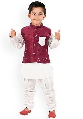 Purple Sequinned Cotton Nehru Jacket Set For Boys