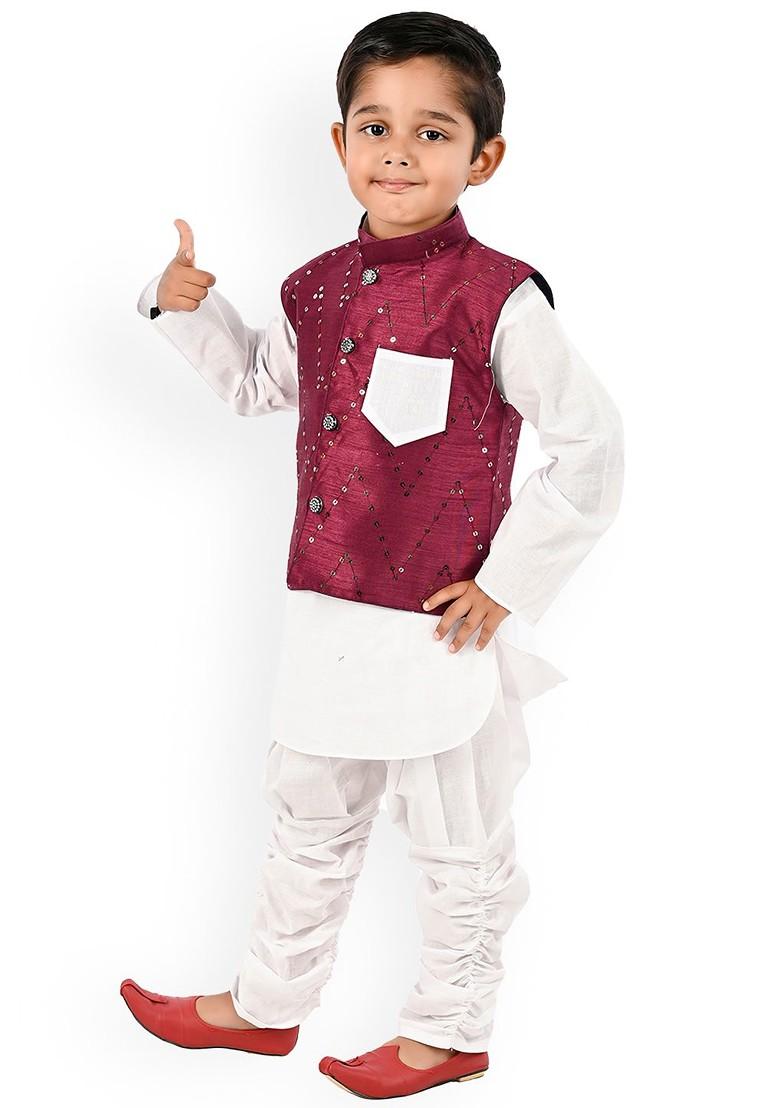 Purple Sequinned Cotton Nehru Jacket Set For Boys - Indya