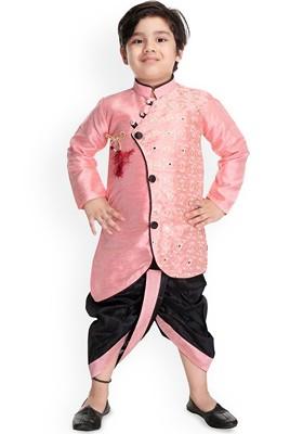 Pink Embroidered Silk Kurta Dhoti Set For Boys
