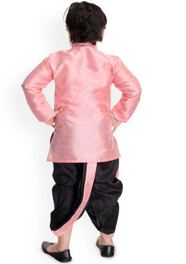 Pink Embroidered Silk Kurta Dhoti Set For Boys - Indya