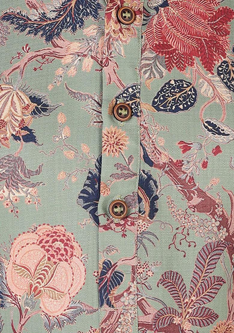 Green Printed Cotton Kurta Set For Boys - Indya