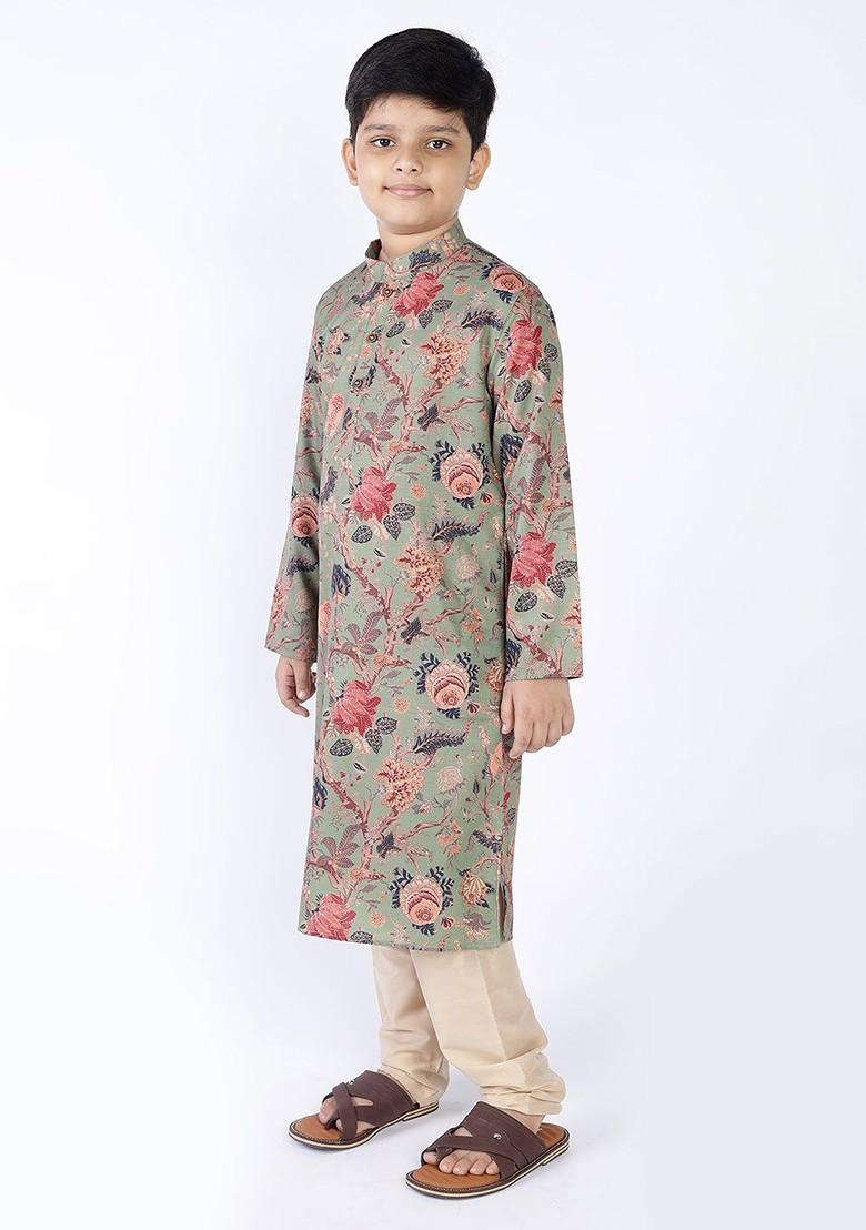 Green Printed Cotton Kurta Set For Boys - Indya