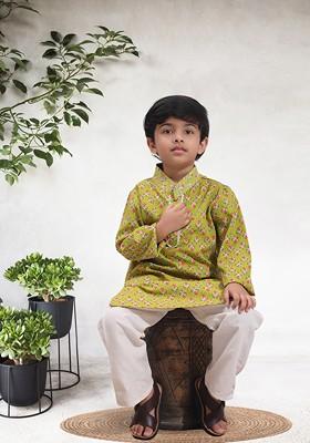 Mustard Printed Blended Kurta Set For Boys