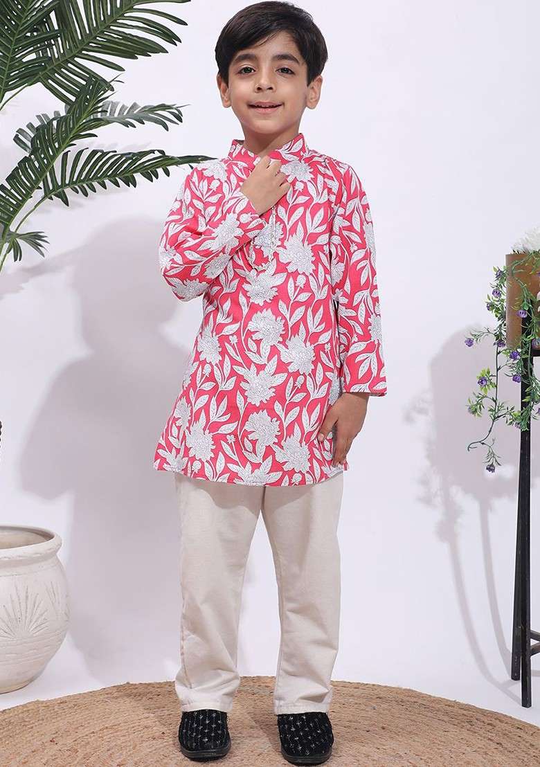 Pink Printed Blended Kurta Set For Boys - Indya