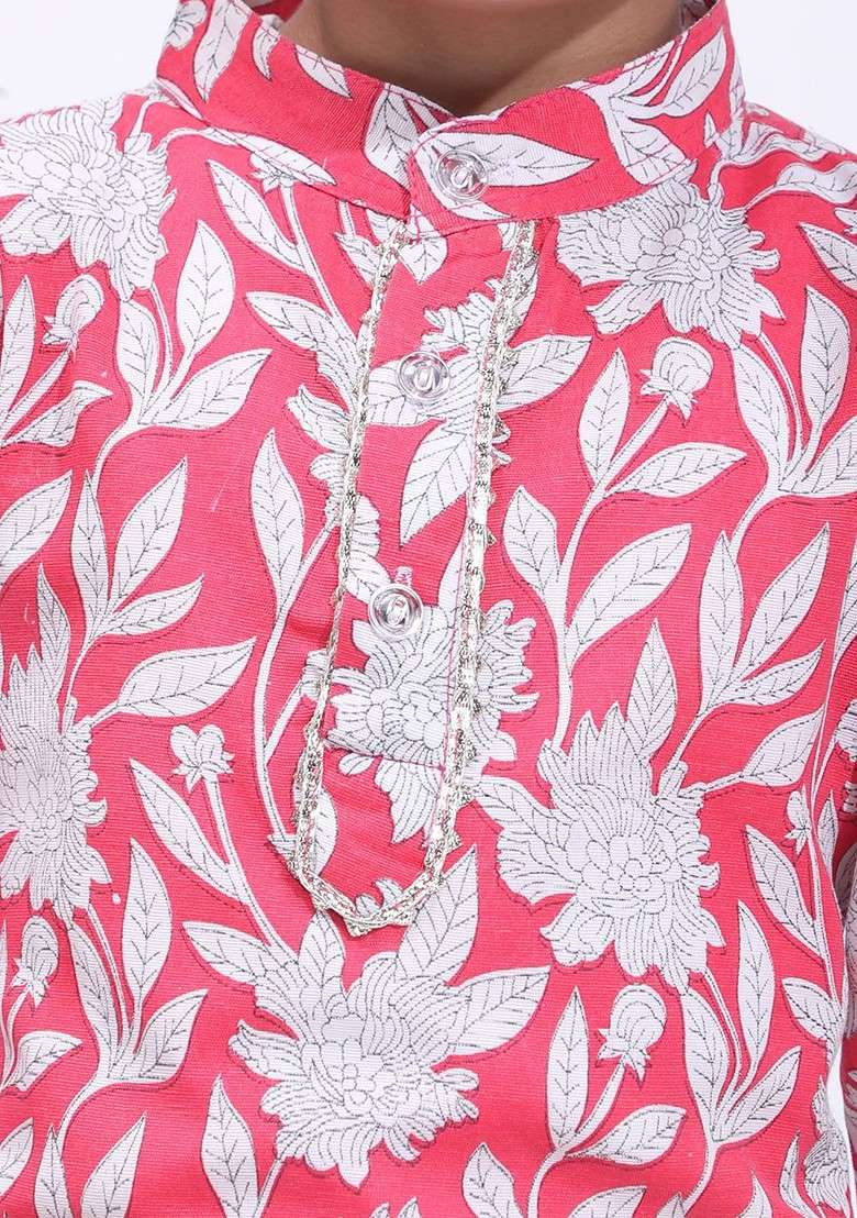 Pink Printed Blended Kurta Set For Boys - Indya