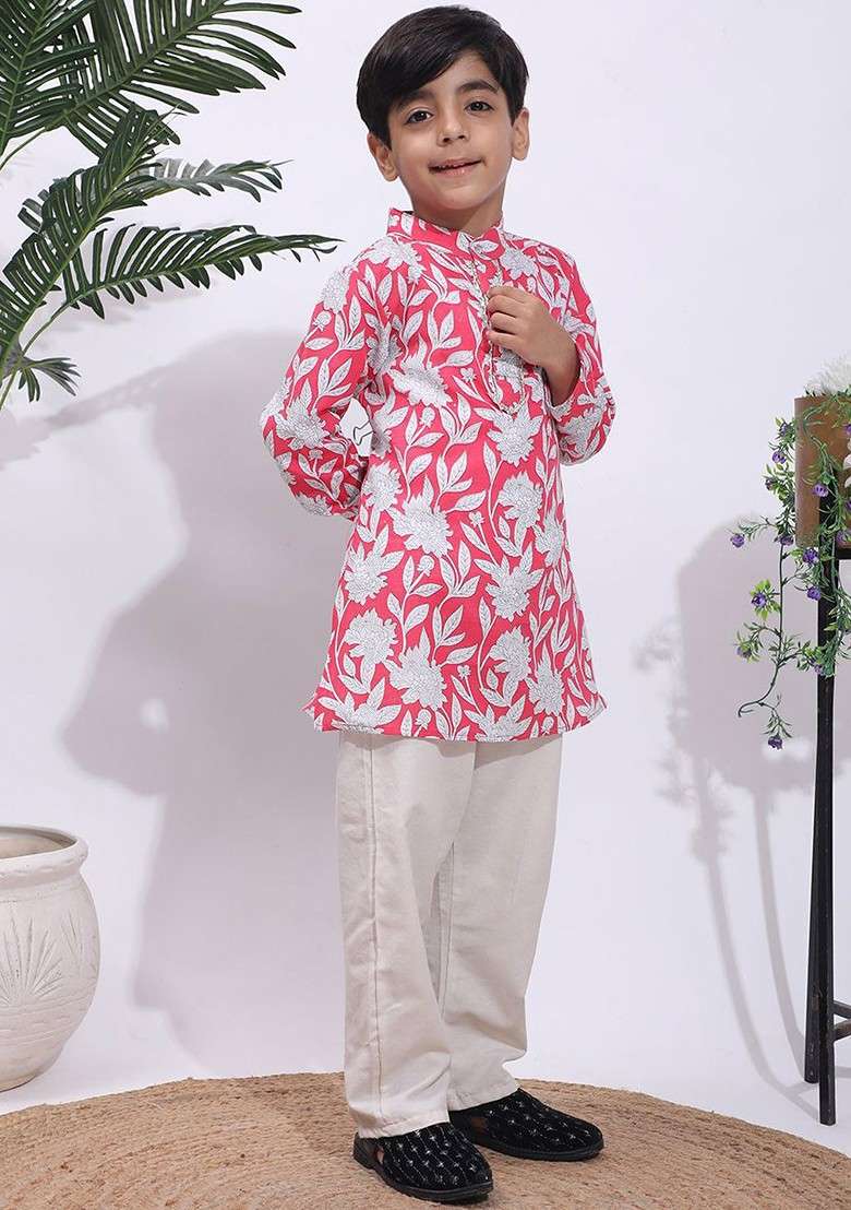 Pink Printed Blended Kurta Set For Boys - Indya