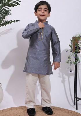 Grey Embroidered Blended Kurta Set For Boys