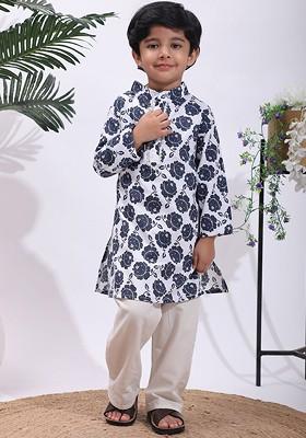 Navy Blue Printed Blended Kurta Set For Boys