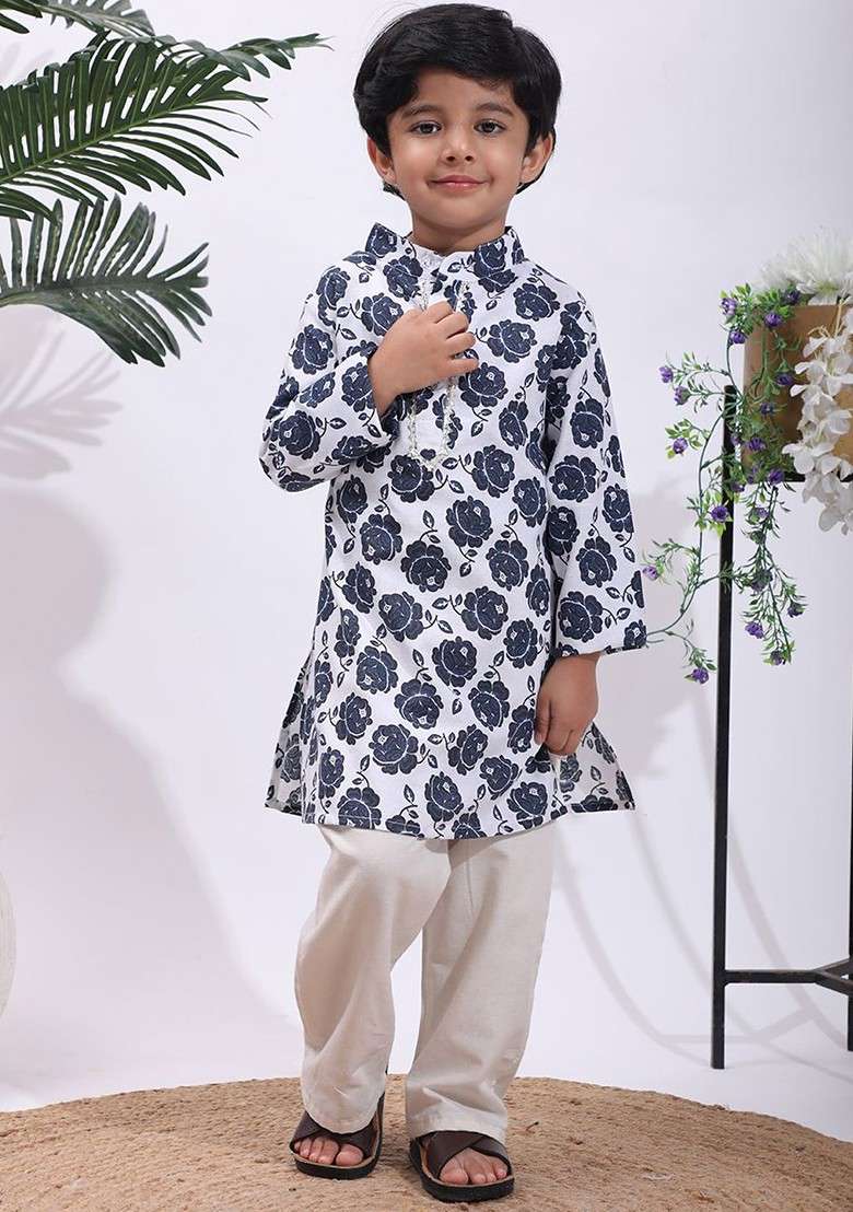 Navy Blue Printed Blended Kurta Set For Boys - Indya