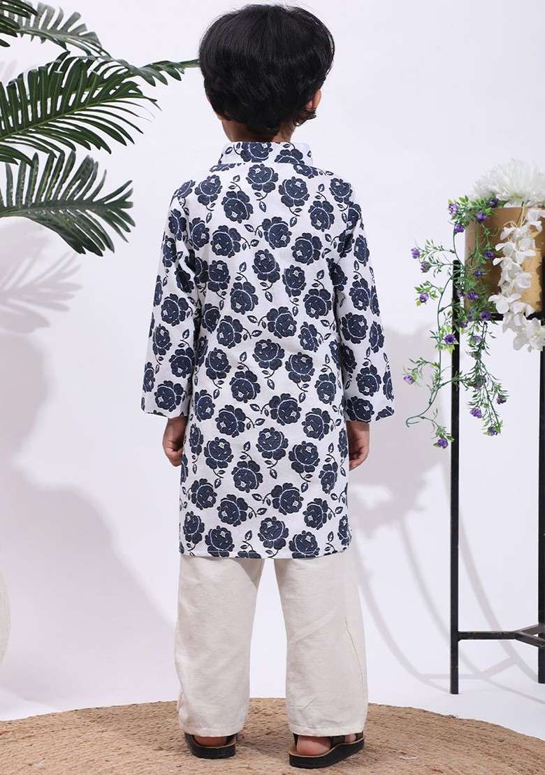 Navy Blue Printed Blended Kurta Set For Boys - Indya
