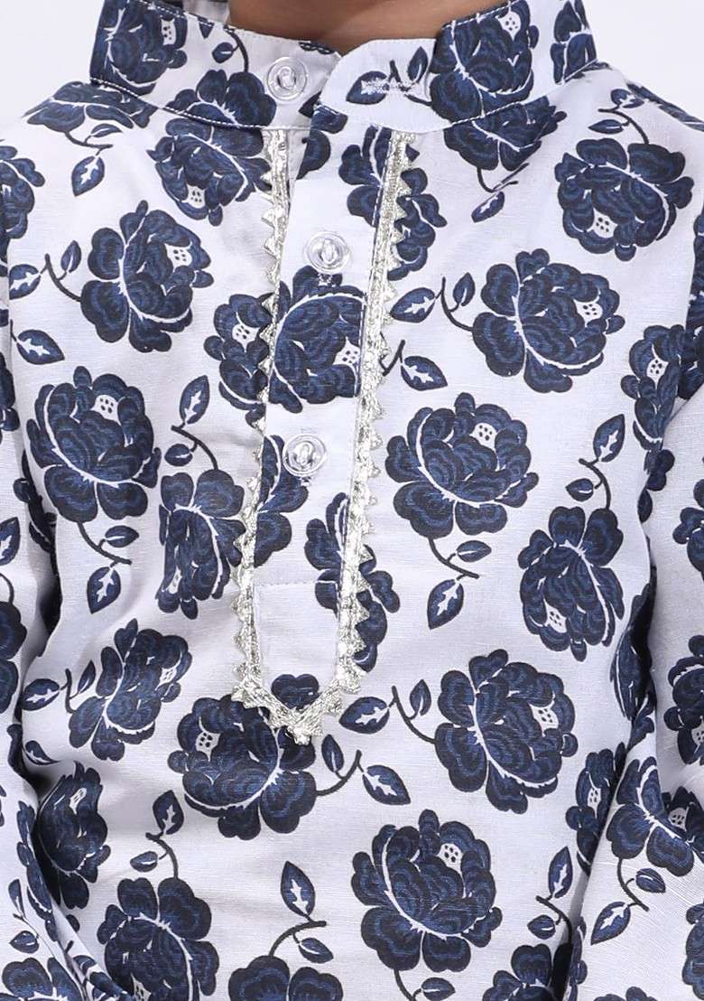 Navy Blue Printed Blended Kurta Set For Boys - Indya