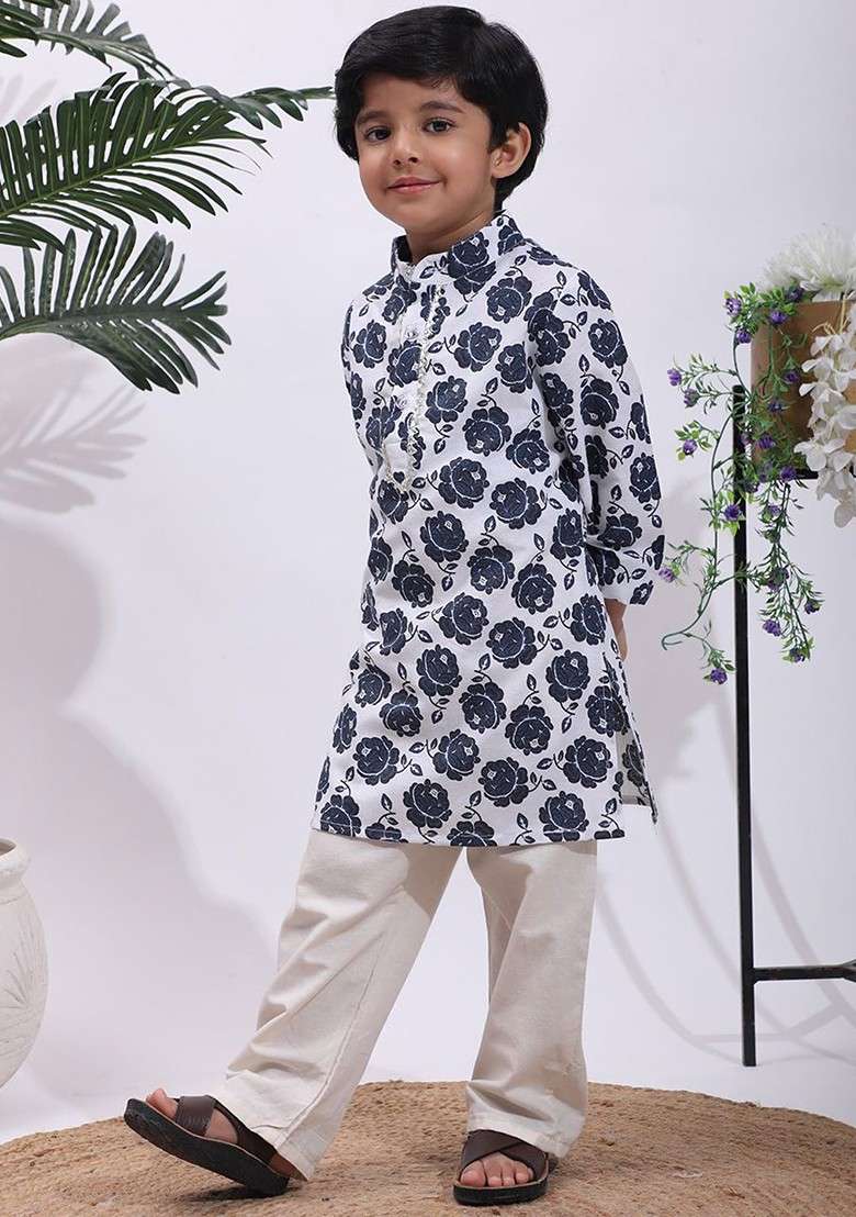 Navy Blue Printed Blended Kurta Set For Boys - Indya