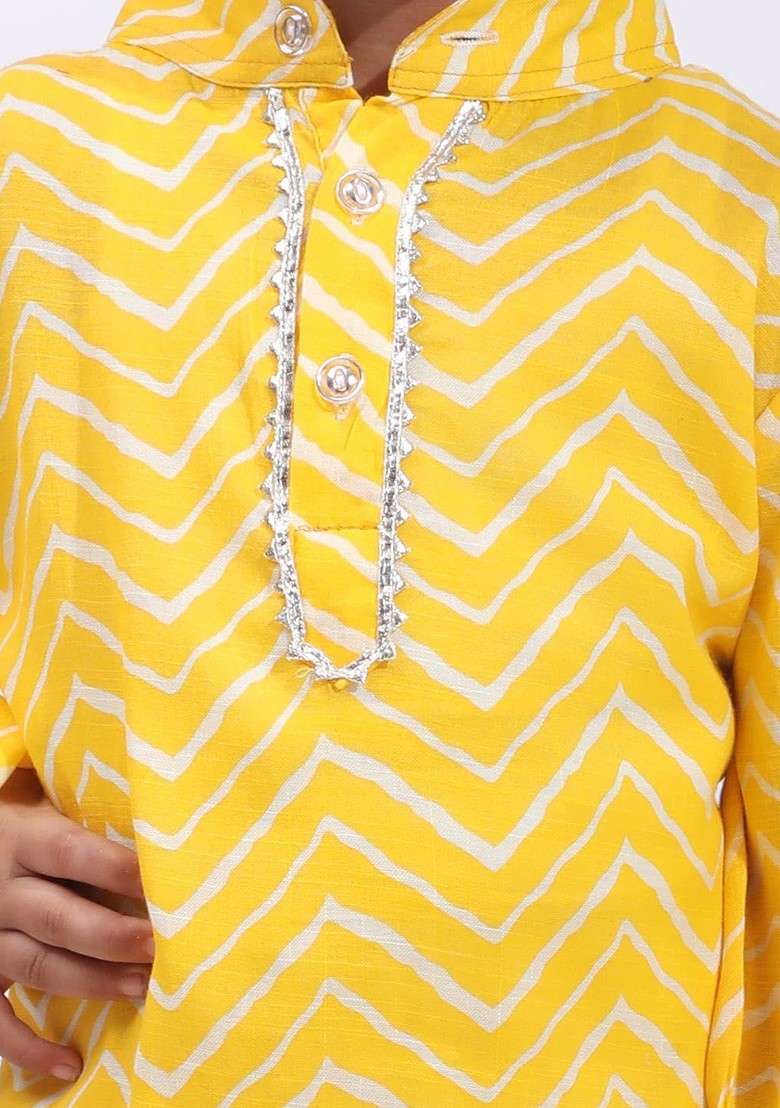 Yellow Printed Blended Kurta Set For Boys - Indya