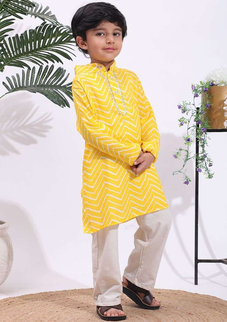 Yellow Printed Blended Kurta Set For Boys - Indya