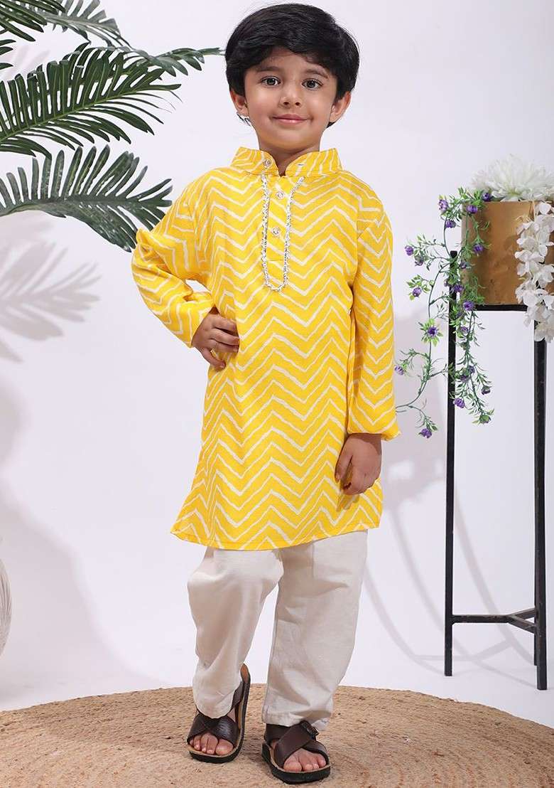Yellow Printed Blended Kurta Set For Boys - Indya