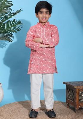 Peach Printed Blended Kurta Set For Boys