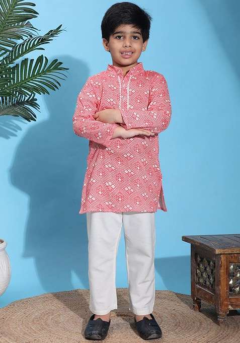 Peach Printed Blended Kurta Set For Boys