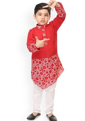 Red Printed Blended Kurta Set For Boys