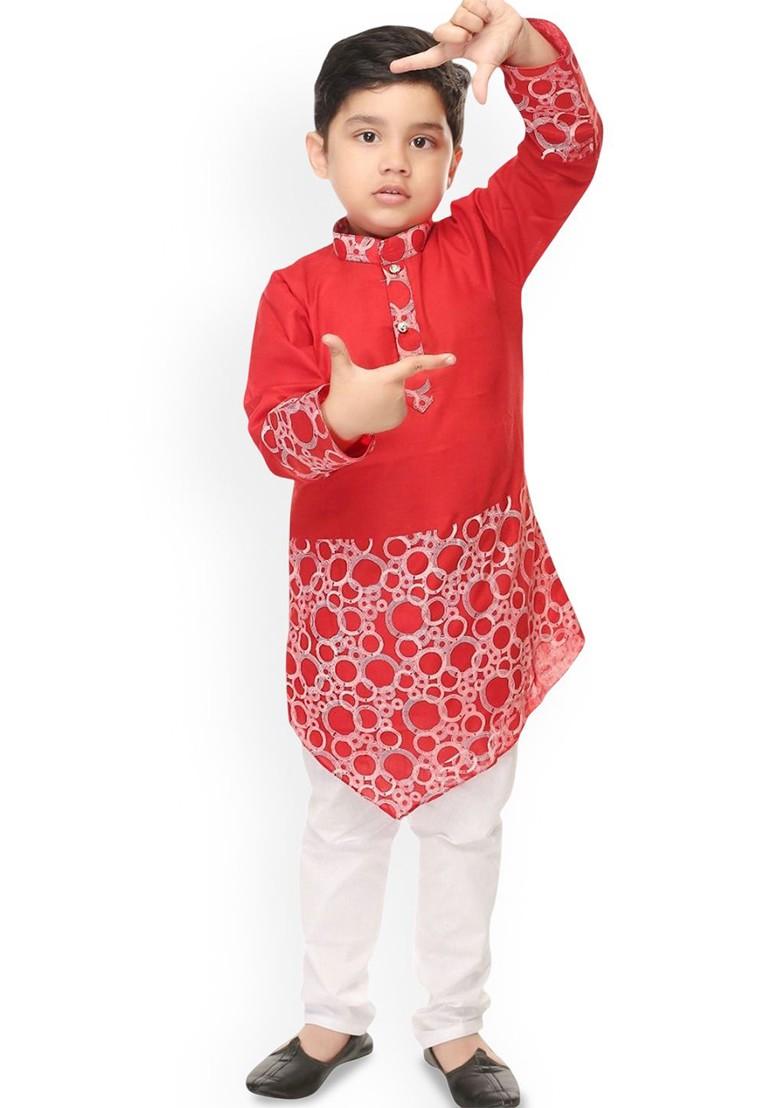Red Printed Blended Kurta Set For Boys - Indya
